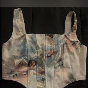 Renaissance Angel Print Satin Corset Top in Pastel Blue & Pink